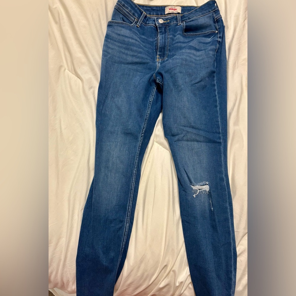 Wrangler Blue Skinny Jeans with Distressed Detail